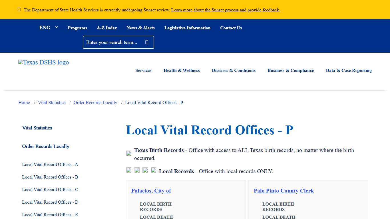 Local Vital Record Offices - P | Texas DSHS